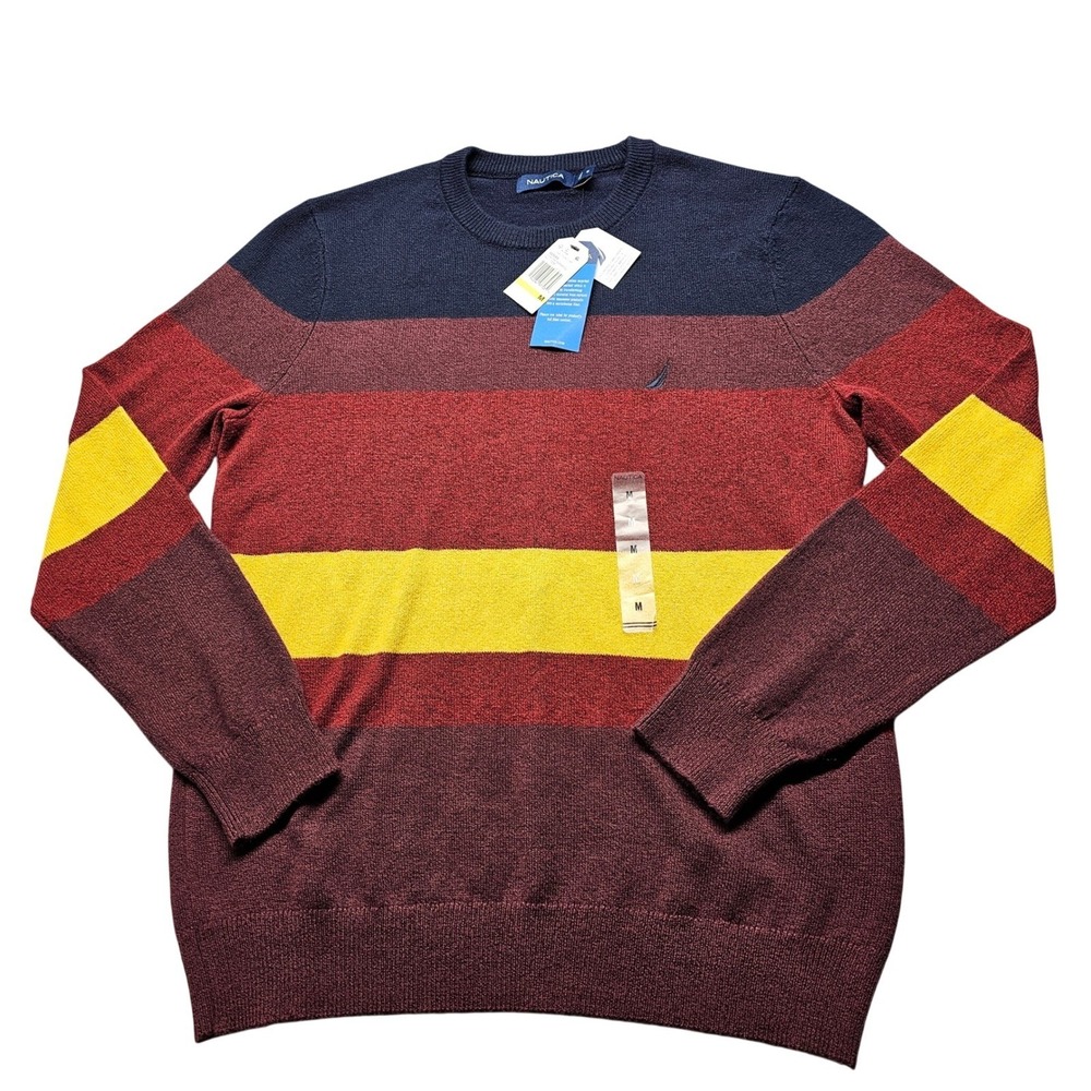 NWT Nautica Mens Striped Crewneck Sweater Navy‎ Burgundy Yellow S37103 Size M